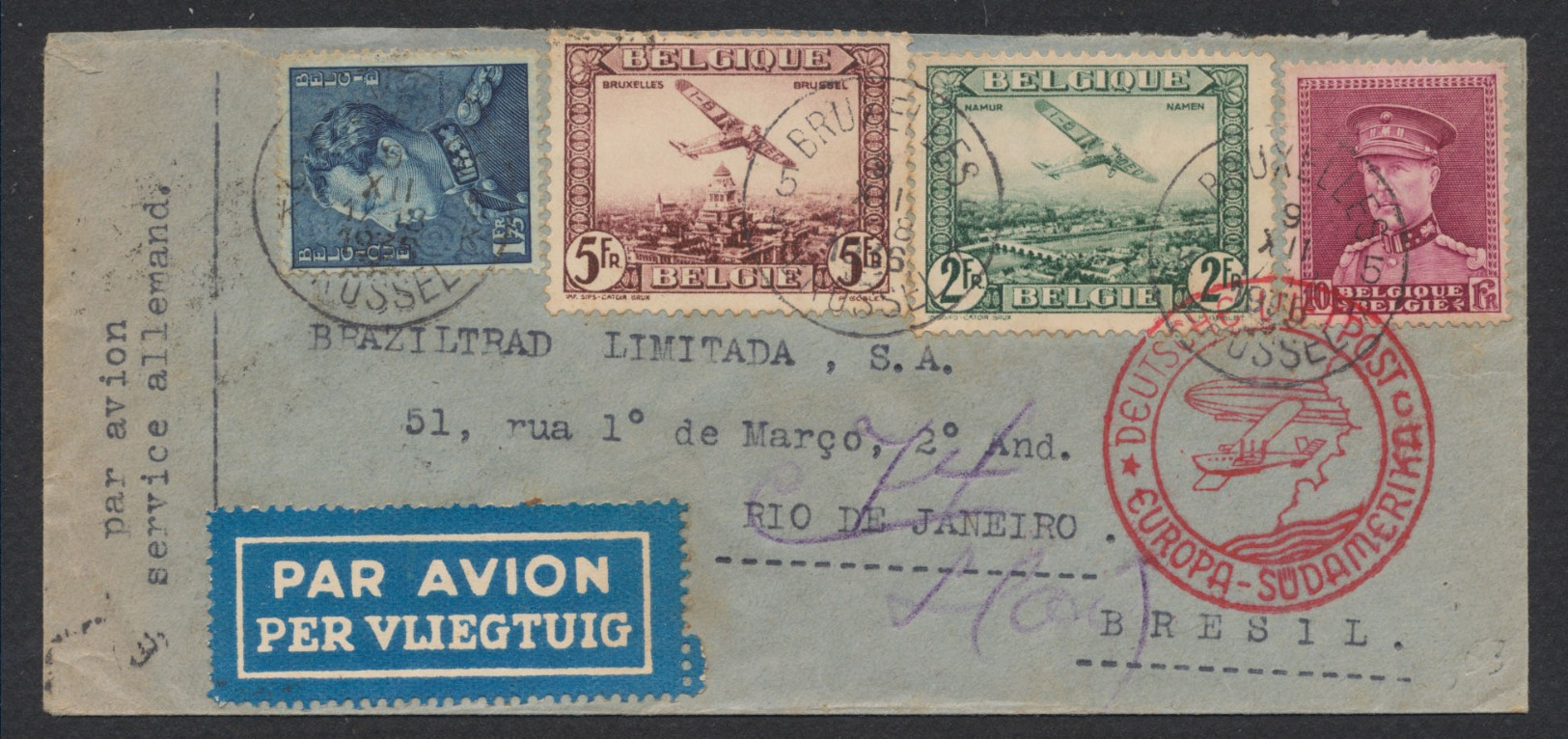 PA3 Et 4 + N°324, 430 Sur Lettre Par Avion De Bruxelles (1936) Vers Rio De Janeiro (Brésil) / Deutsch Luftpost - Autres & Non Classés