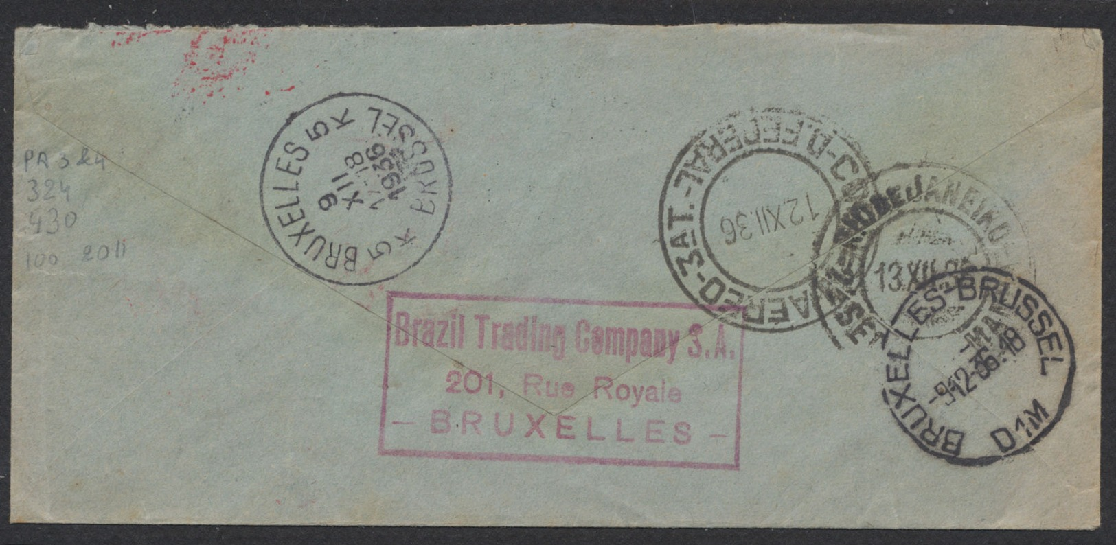 PA3 Et 4 + N°324, 430 Sur Lettre Par Avion De Bruxelles (1936) Vers Rio De Janeiro (Brésil) / Deutsch Luftpost - Autres & Non Classés