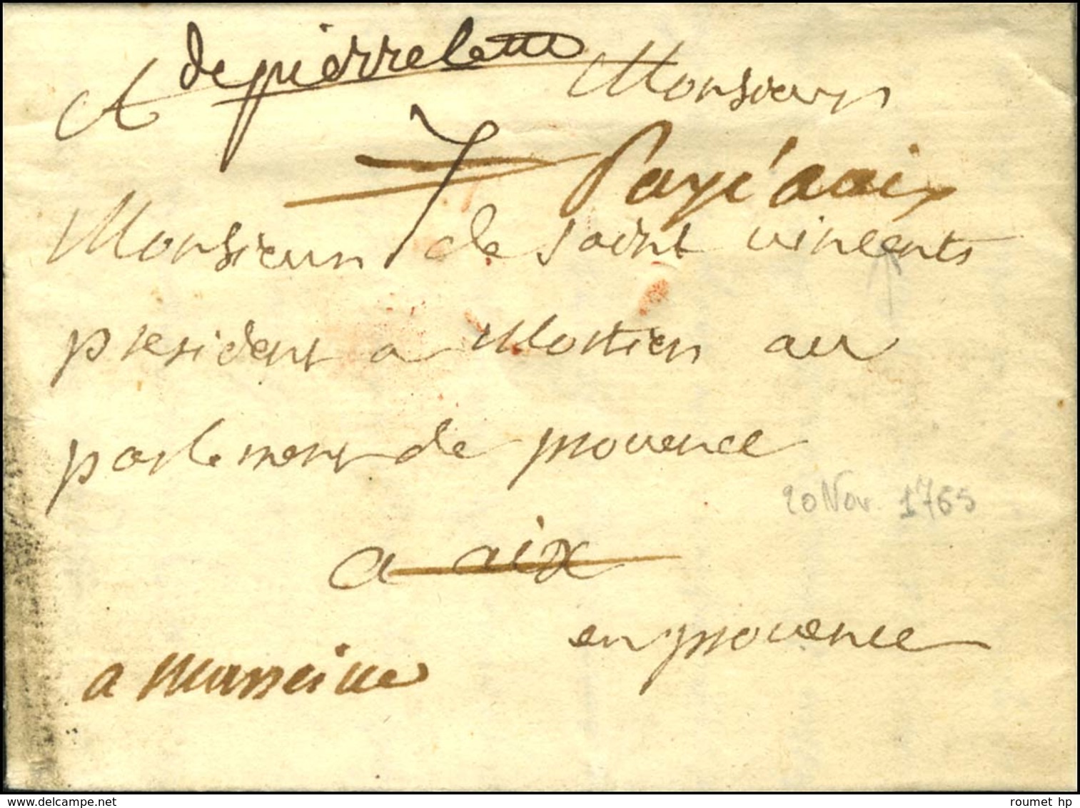 Lettre Avec Texte Daté De Paris Le 20 Novembre 1755 Adressée à Aix Et Réexpédiée à Marseille. Au Recto, Mentions Manuscr - 1701-1800: Precursores XVIII