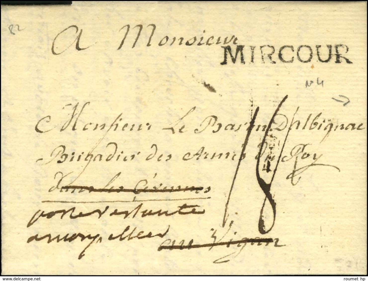 MIRCOUR (L N° 4) Sur Lettre Pour Le Vigan Réexpédiée à Montpellier, Au Verso Manuscrit '' Deb Du Vigan '' (L N° 4). 1785 - 1701-1800: Precursors XVIII