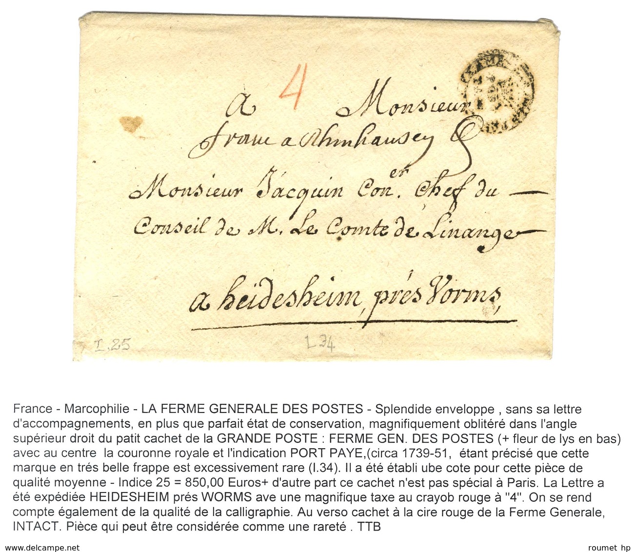 Marque Postale PORT / PAYE FERME GEN. DES POSTES (L N° 34) Sur Enveloppe Sans Texte Pour Worms. - TB. - R. - 1701-1800: Precursors XVIII