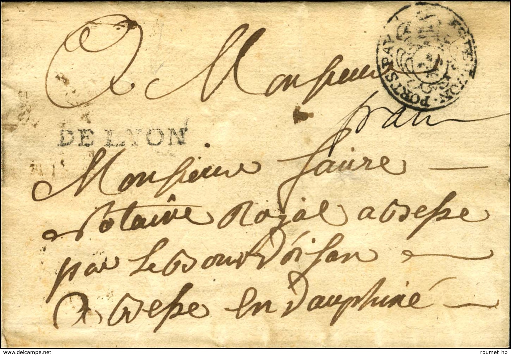 Marque Postale Ornée ES DE LYON. PORTS. PAY (L N° 21) Sur Lettre Sans Texte Pour Bourg D'oisan. - TB / SUP. - 1701-1800: Precursores XVIII