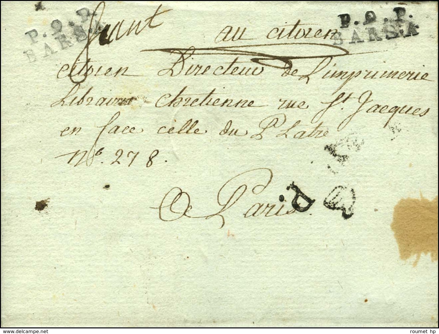 P.9.P. / BAR-S-A Sur Lettre Avec Texte Daté Pour Paris. Au Recto, P.P PHRYGIEN. An 8. - TB / SUP. - 1801-1848: Precursores XIX