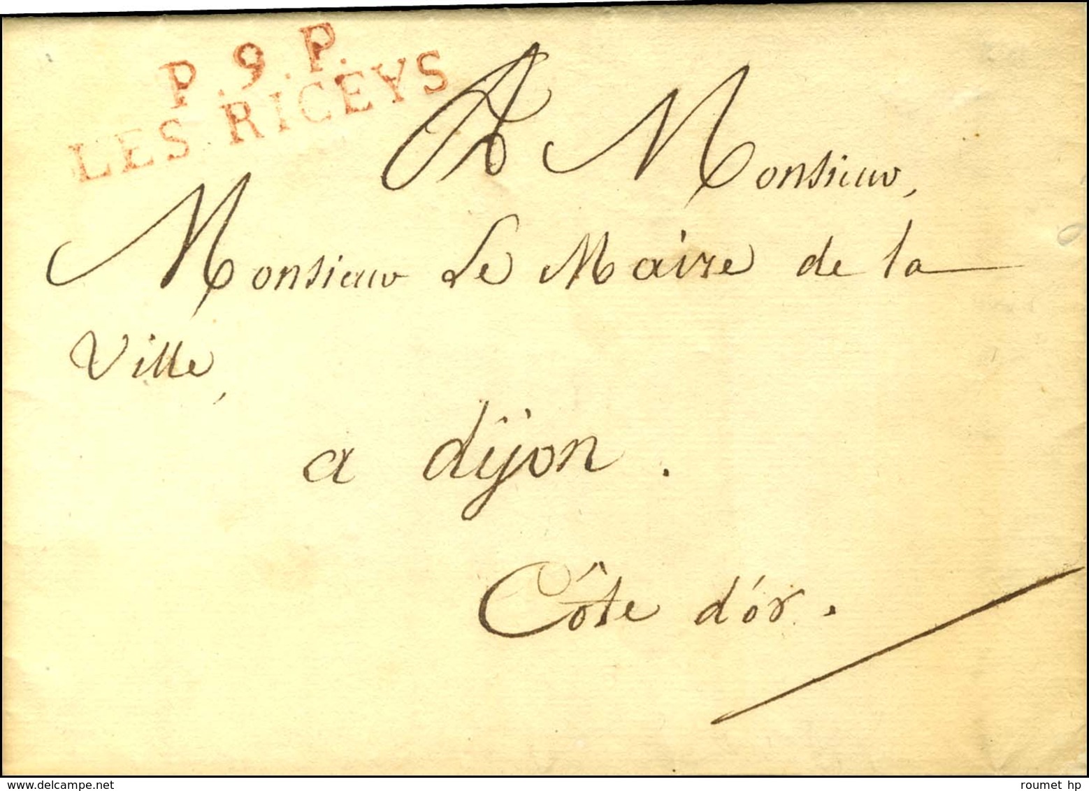 P.9.P / LES RICEYS Rouge Sur Lettre Avec Texte Daté. 1821. - SUP. - 1801-1848: Precursores XIX
