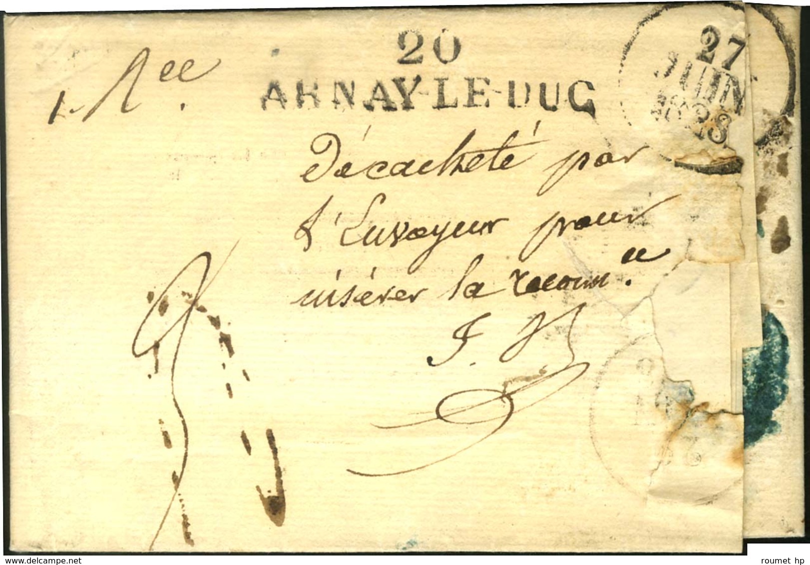 P.9.P. / TROYES Sur Lettre Pour Montbard. Au Verso, 20 / ARNAY LE DUC + Mention Manuscrite '' Décacheté Par L'envoyeur.. - 1801-1848: Precursors XIX