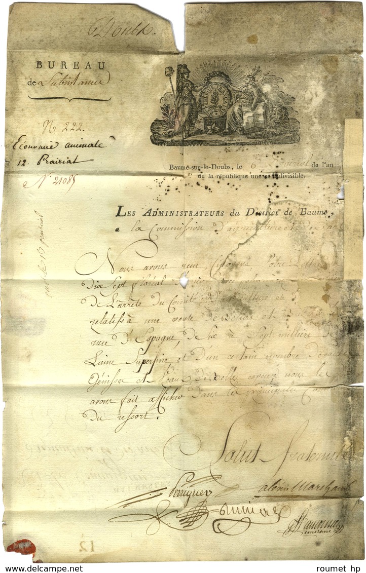 24 / BAUMES LES (NR De Baume-les-Dames) Sur Lettre Avec Texte Et Belle Vignette Datée An 3. - SUP. - 1801-1848: Precursors XIX