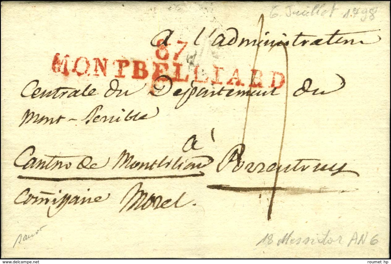 87 / MONTBELLIARD Rouge Sur Lettre Avec Texte Daté Du 18 Messidor An 6 Pour Porrentruy. - TB / SUP. - R. - 1801-1848: Precursores XIX