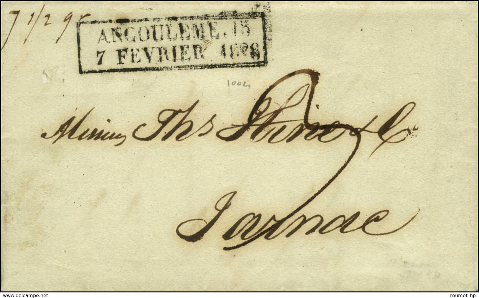 Cachet D'essai Encadré De Février 28 : ANGOULEME 15 / 7 FEVRIER 1828 (Cote : 1200). - SUP. - R. - 1801-1848: Precursors XIX