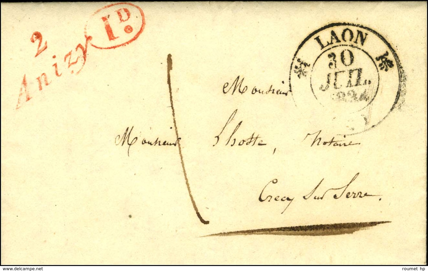 2 / Anizy Rouge Càd T 12 LAON (2), Décime Rurale Rouge Sur Lettre Locale Pour Crécy Sur Serre Taxée 1. 1834. - SUP. - 1801-1848: Precursors XIX