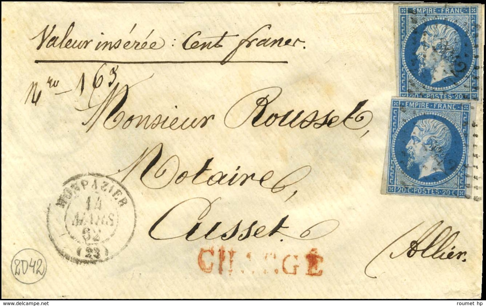 PC 2042 / N° 14 (2) Càd T 15 MONPAZIER (23) Sur Lettre Chargée, Au Verso Descriptif Annulé Et Remplacé. 1862. - TB / SUP - Autres & Non Classés