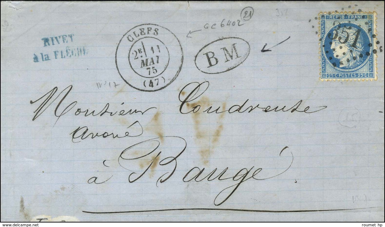 GC 351 / N° 60 Càd T 17 CLEFS (47) + BM De La Flèche. 1875. - TB / SUP. - Altri & Non Classificati