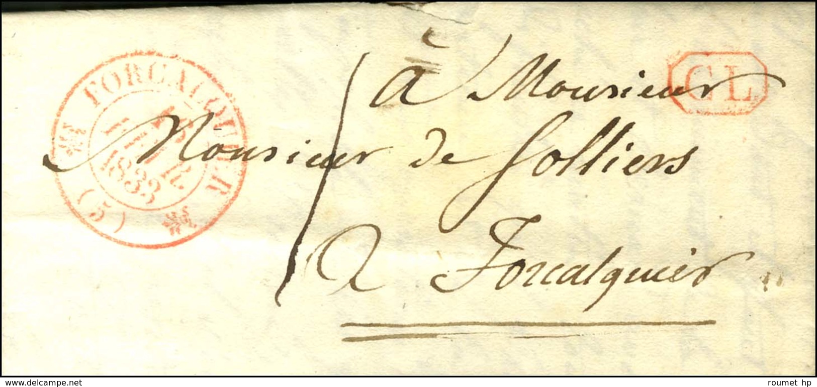 Càd T 12 Rouge FORCALQUIER (5) + CL Rouge Sur Lettre Avec Texte Adressée Localement Taxée 1. 1833. - SUP. - 1801-1848: Precursori XIX