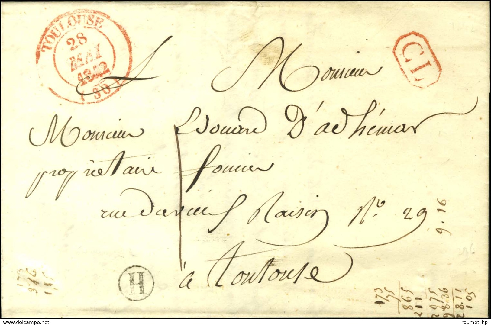 Càd T 14 Rouge TOULOUSE + CL Rouge B. RUR. H Sur Lettre Avec Texte Daté De Colomiers Adressée Localement Taxée 1. 1842.  - 1801-1848: Précurseurs XIX