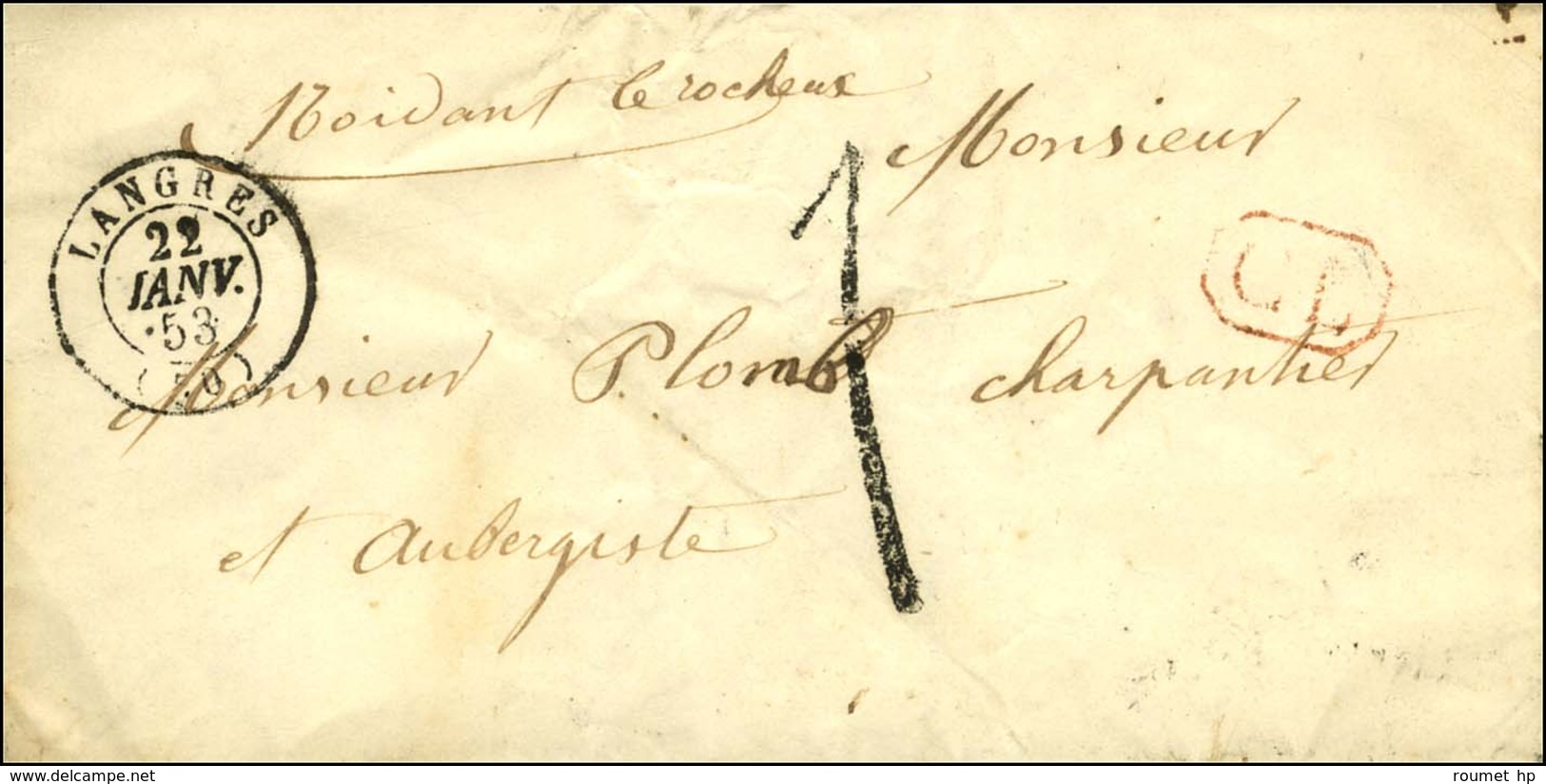 Cad T 15 LANGRES (50) + CL Rouge Sur Lettre Avec Texte Adressée Localement Taxe Tampon 1 De Fabrication Locale. 1853. -  - 1801-1848: Vorläufer XIX