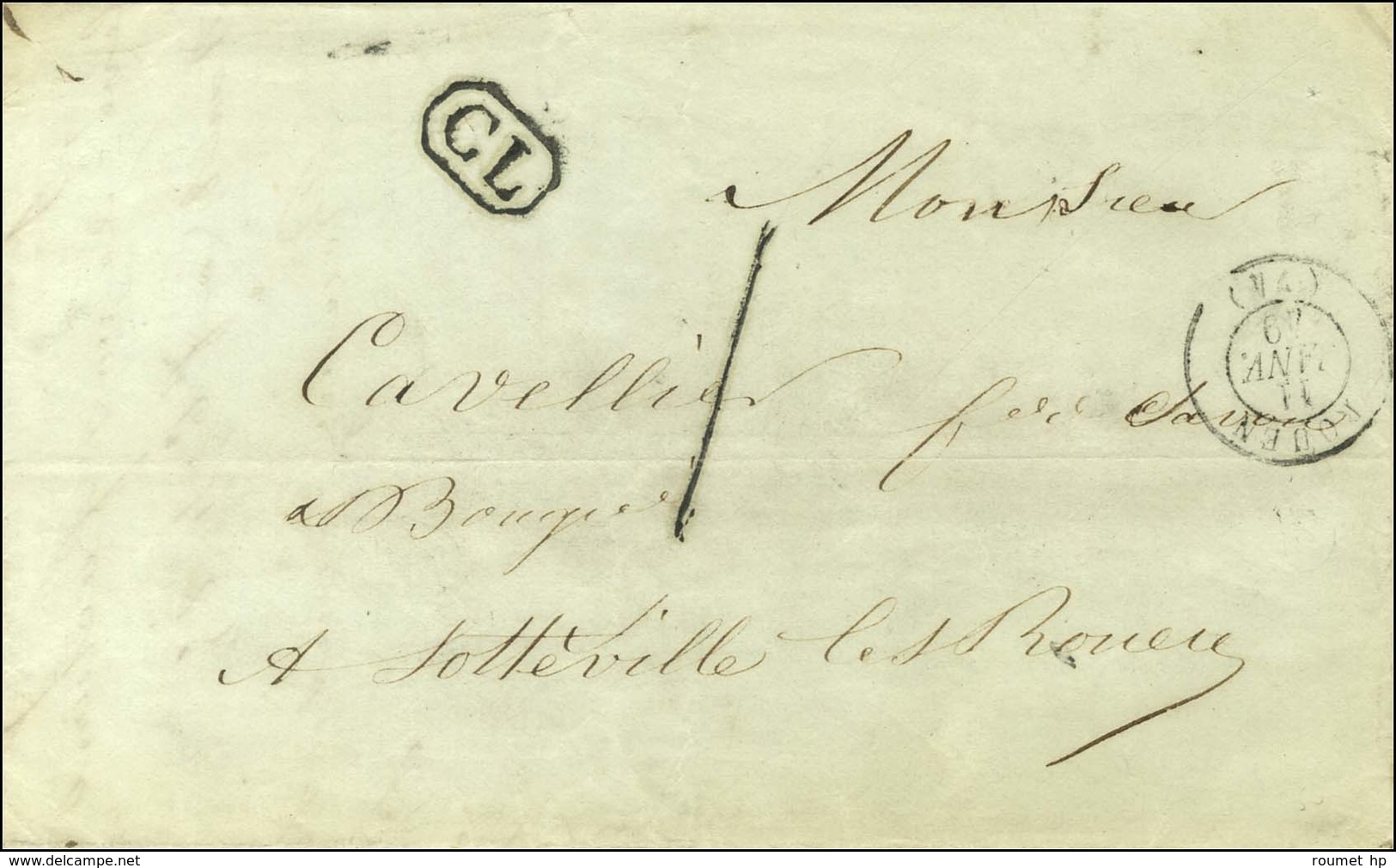 Càd T 15 ROUEN (74) 11 JANV. 49 Sur Lettre Adressée Localement à Sotteville Les Rouen, Taxe Tampon + CL Noir. - TB. - 1801-1848: Précurseurs XIX