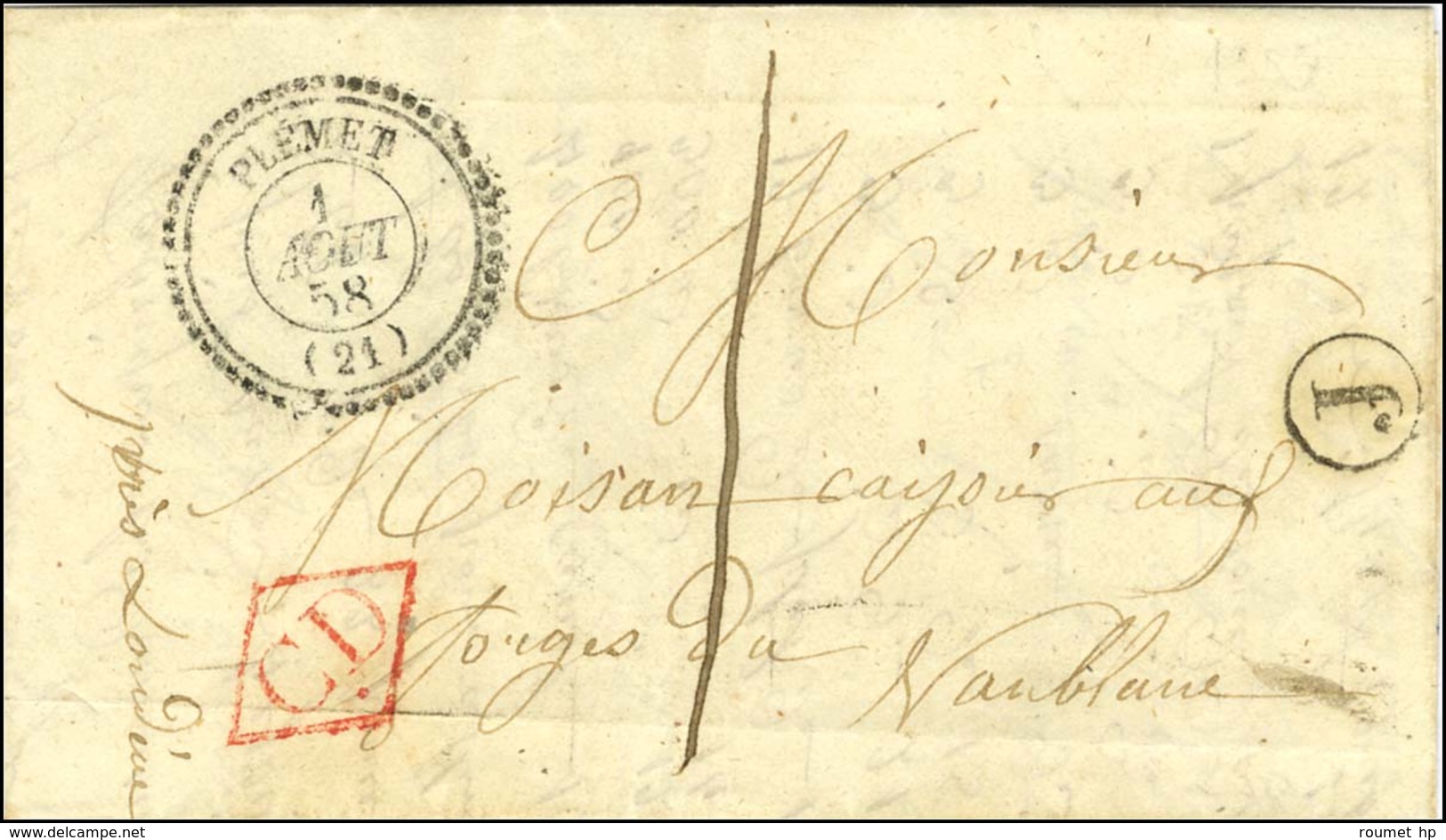 Càd T 22 PLEMET (21) + CD Rouge B. RUR. J Sur Lettre Avec Texte Daté De La Trinité Adressée  Localement Taxée 1. 1858. - - 1801-1848: Vorläufer XIX