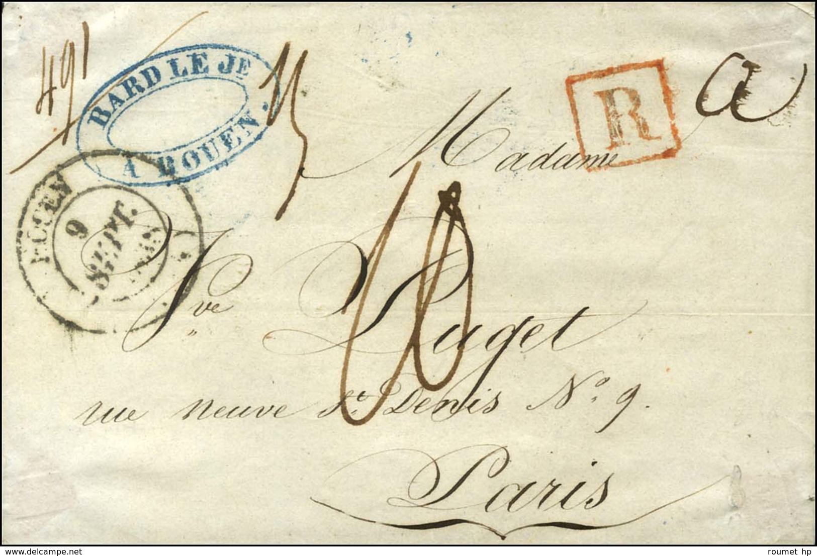 Càd T 14 ROUEN (74) Sur Lettre Recommandée Pour Paris. Au Recto, R Rouge Et Taxe 10. 1838. - TB. - 1801-1848: Precursors XIX