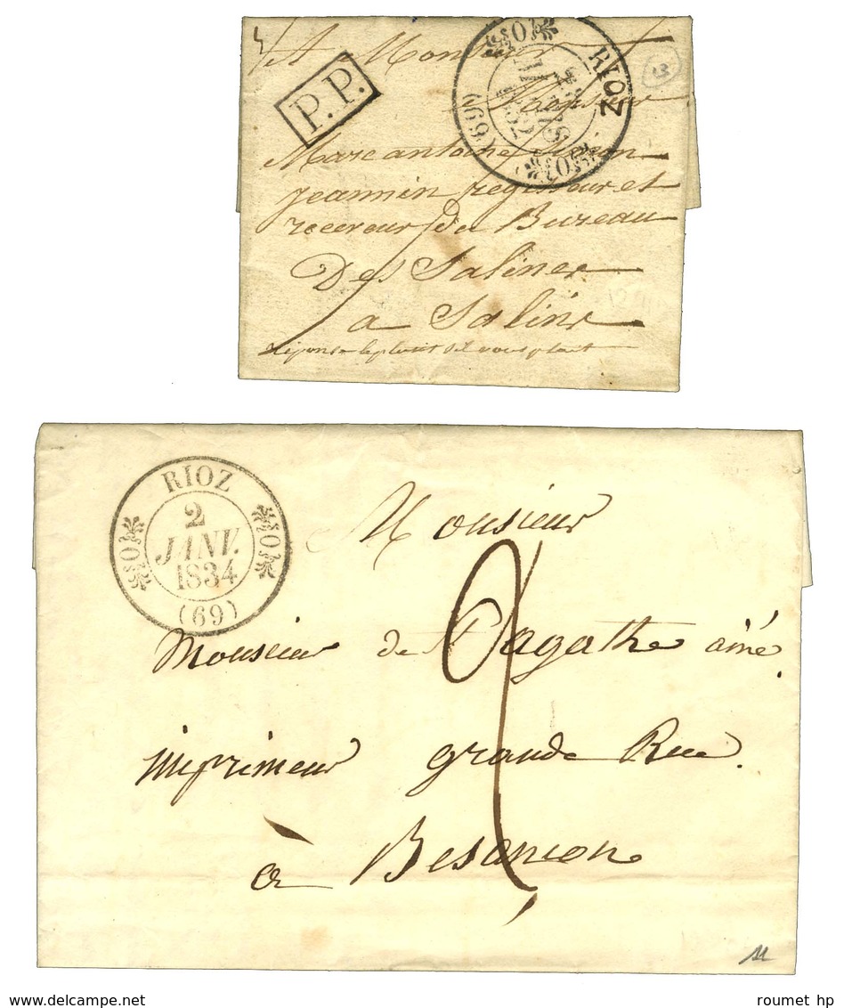 Lot De 2 Lettres Avec Càd T 11 : RIOZ Taxe 2 1834 Et P. P. 1832. - SUP. - 1801-1848: Precursori XIX