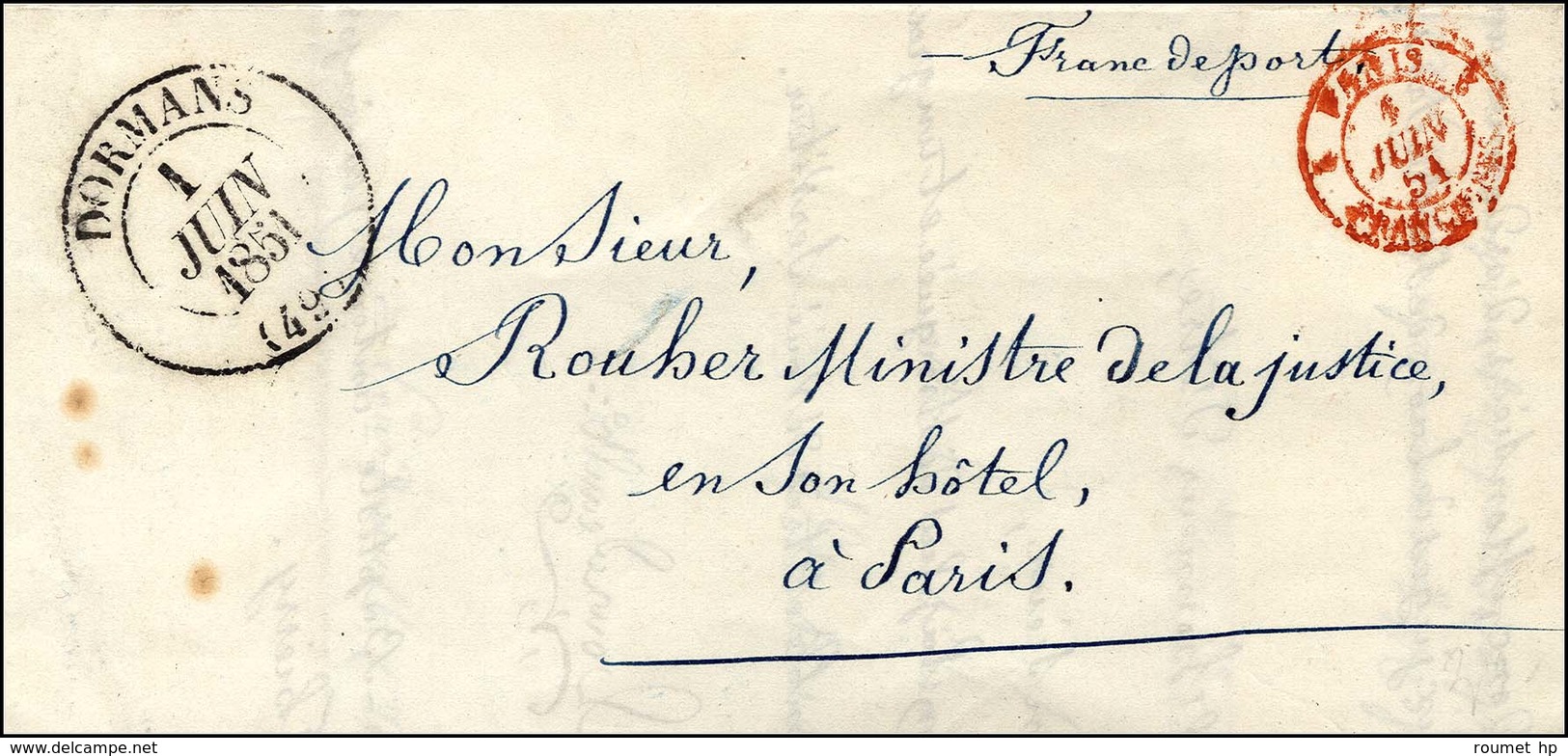 Càd T 13 DORMANS (49) Mention Franc De Port Sur Lettre Pour Le Ministre De La Justice, Càd Rouge 2 PARIS 2 / FRANCHISES. - 1801-1848: Vorläufer XIX