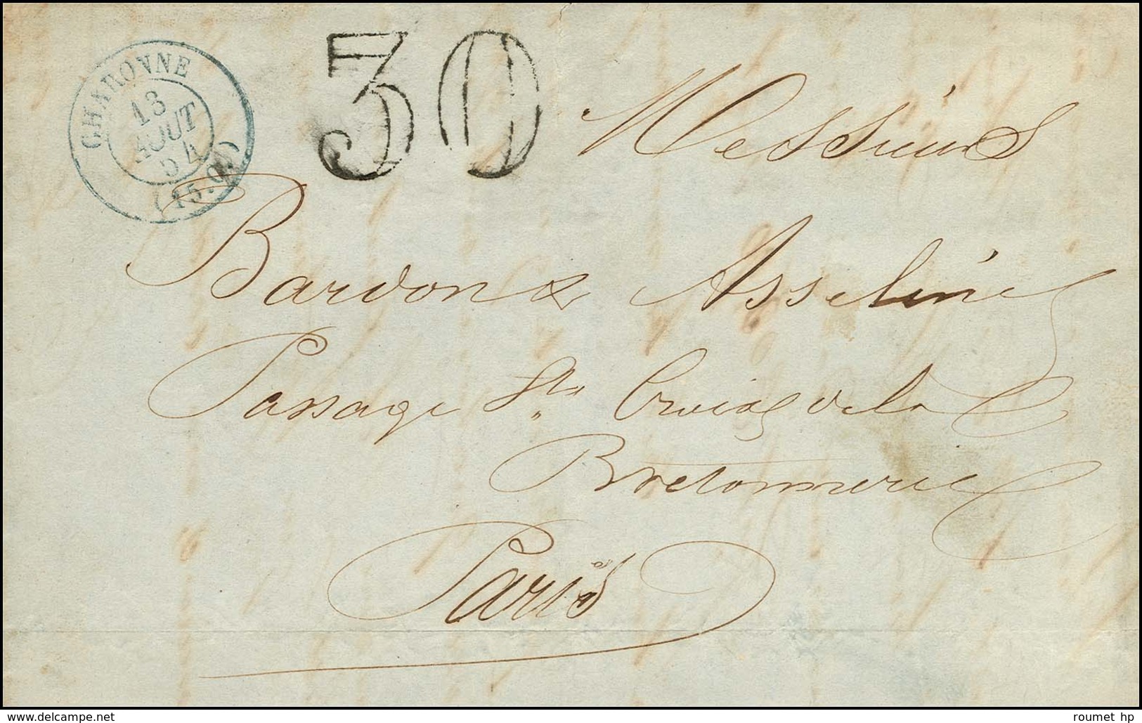 Càd Taxe Bleu CHARONNE / (15c.) + Taxe 30 DT. 1854. - SUP. - 1859-1959 Briefe & Dokumente