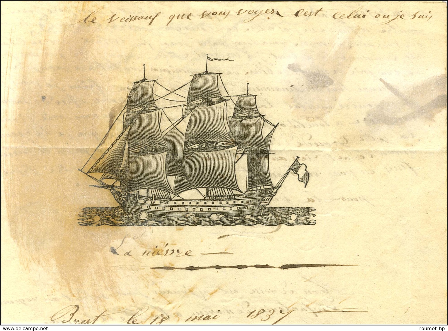 Càd T 12 BREST Sur Lettre Avec Texte Et Bel En-tête Représentant Le Bateau '' La Nièvre '' Datée De Brest Le 18 Mai 1837 - Army Postmarks (before 1900)