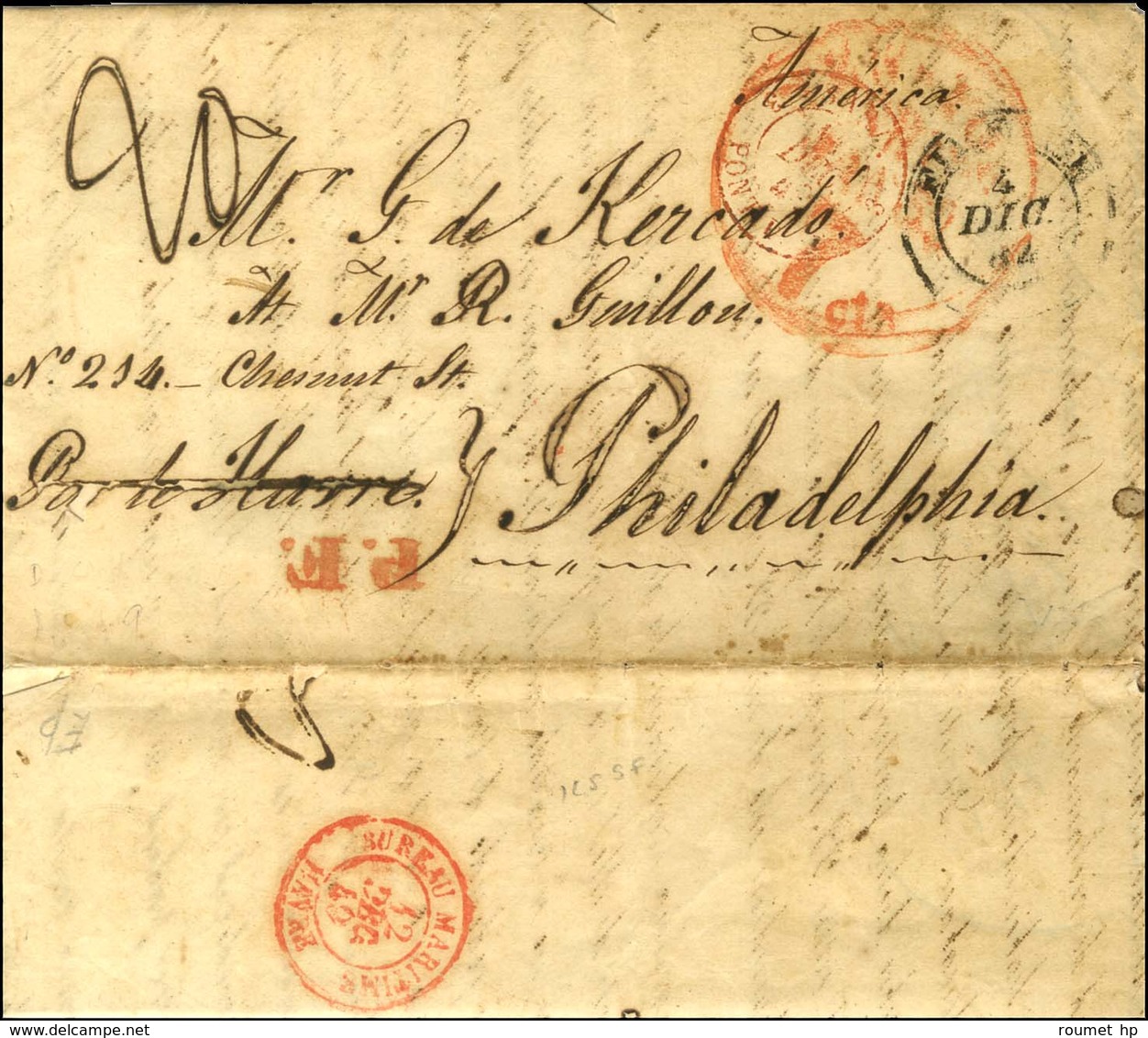 Càd FIRENZE Sur Lettre Avec Texte Pour Philadélphie. Au Recto, Griffe Rouge P.F. Au Verso, BUREAU MARITIME / HAVRE. 1849 - Sonstige & Ohne Zuordnung