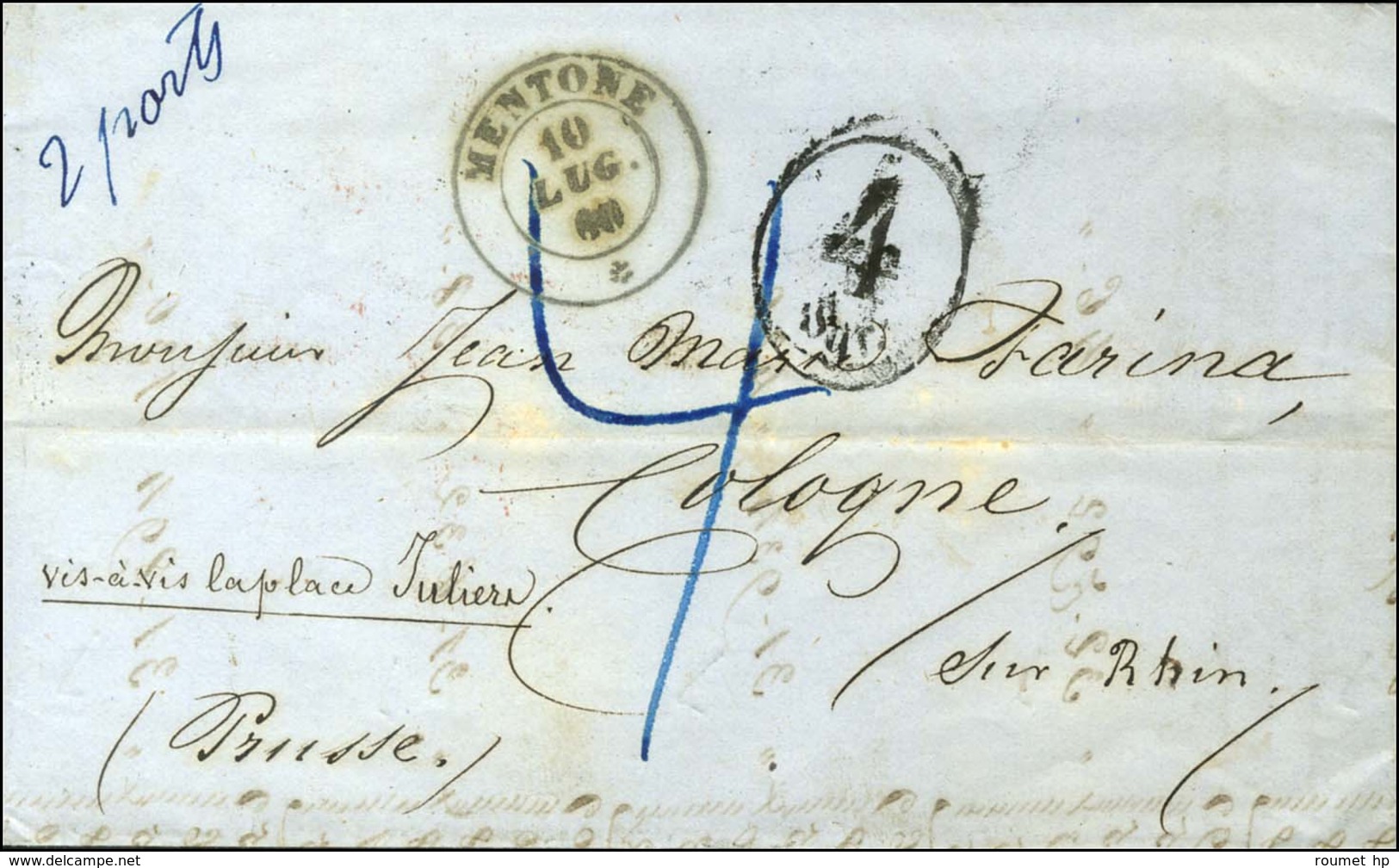 Càd Sarde MENTONE Sur Lettre 2 Ports Pour Cologne (Prusse). Au Recto, 4 / SGR Et Taxe 4. 1860. - TB / SUP. - Sonstige & Ohne Zuordnung