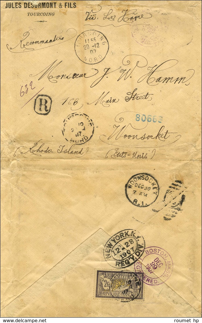 N° 122 Oblitéré Sur Lettre Recommandée 11 Ports Pour Les Etats-Unis. 1907. - TB. - RR. - Otros & Sin Clasificación