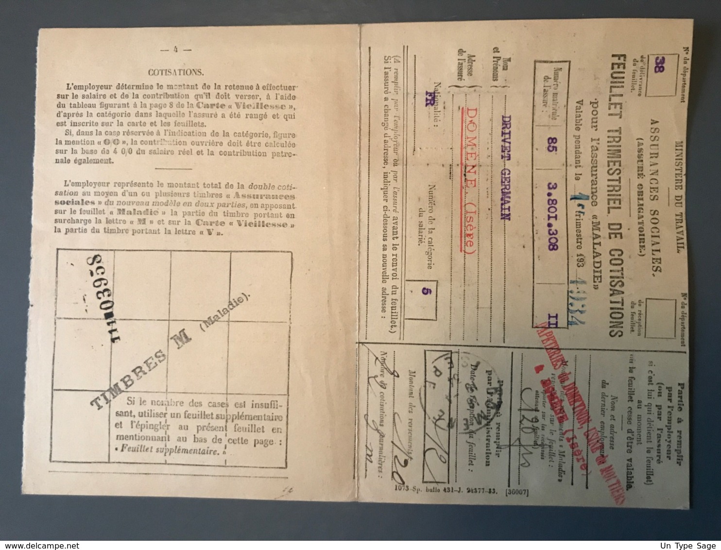 France, Merson M, Fiscaux Maladie, Sur Feuillet Trimestriel - (B1589) - Altri & Non Classificati