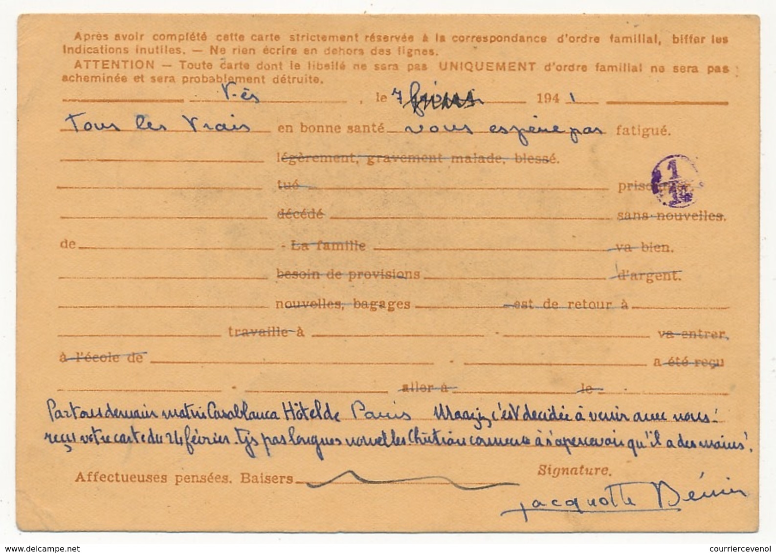 FRANCE / MAROC - CP Interzones Type Iris Depuis FES-VILLE NOUVELLE - MAROC - 1941 - Standard Postcards & Stamped On Demand (before 1995)