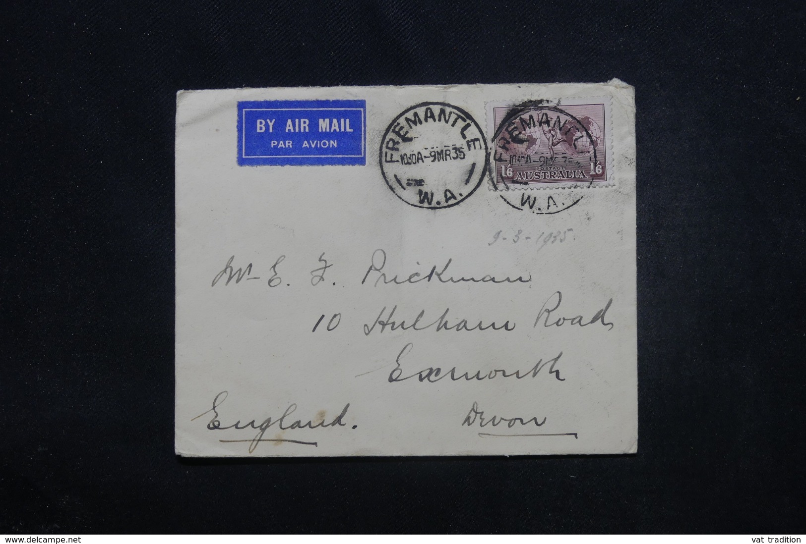 AUSTRALIE - Enveloppe De Fremantle Pour Le Royaume Uni En 1935 Par Avion, Affranchissement Plaisant - L 45474 - Postmark Collection