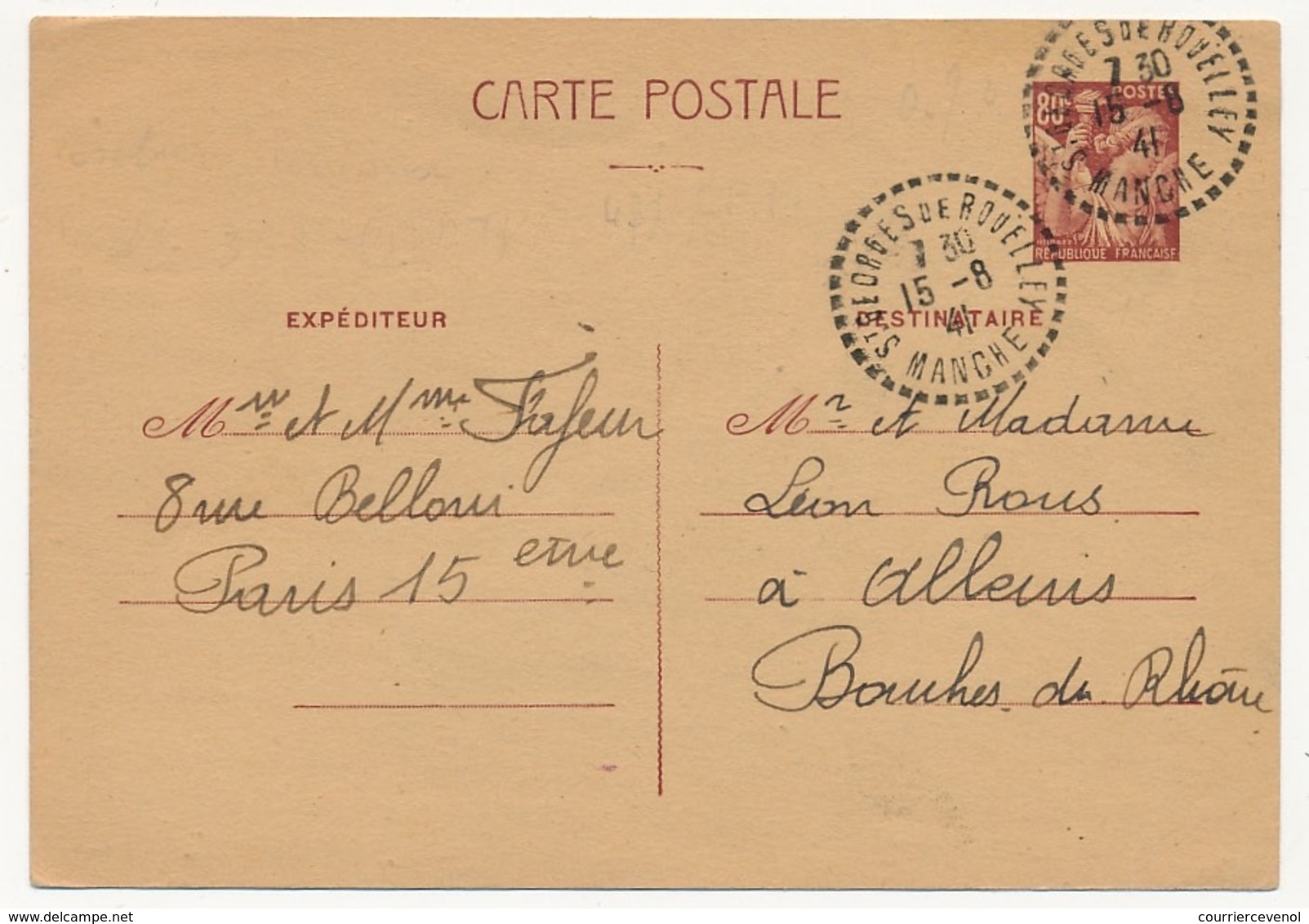 FRANCE - CP 80c Type Iris - Cachet Tireté St Georges De Rouelley - 1941 - Standard Postcards & Stamped On Demand (before 1995)