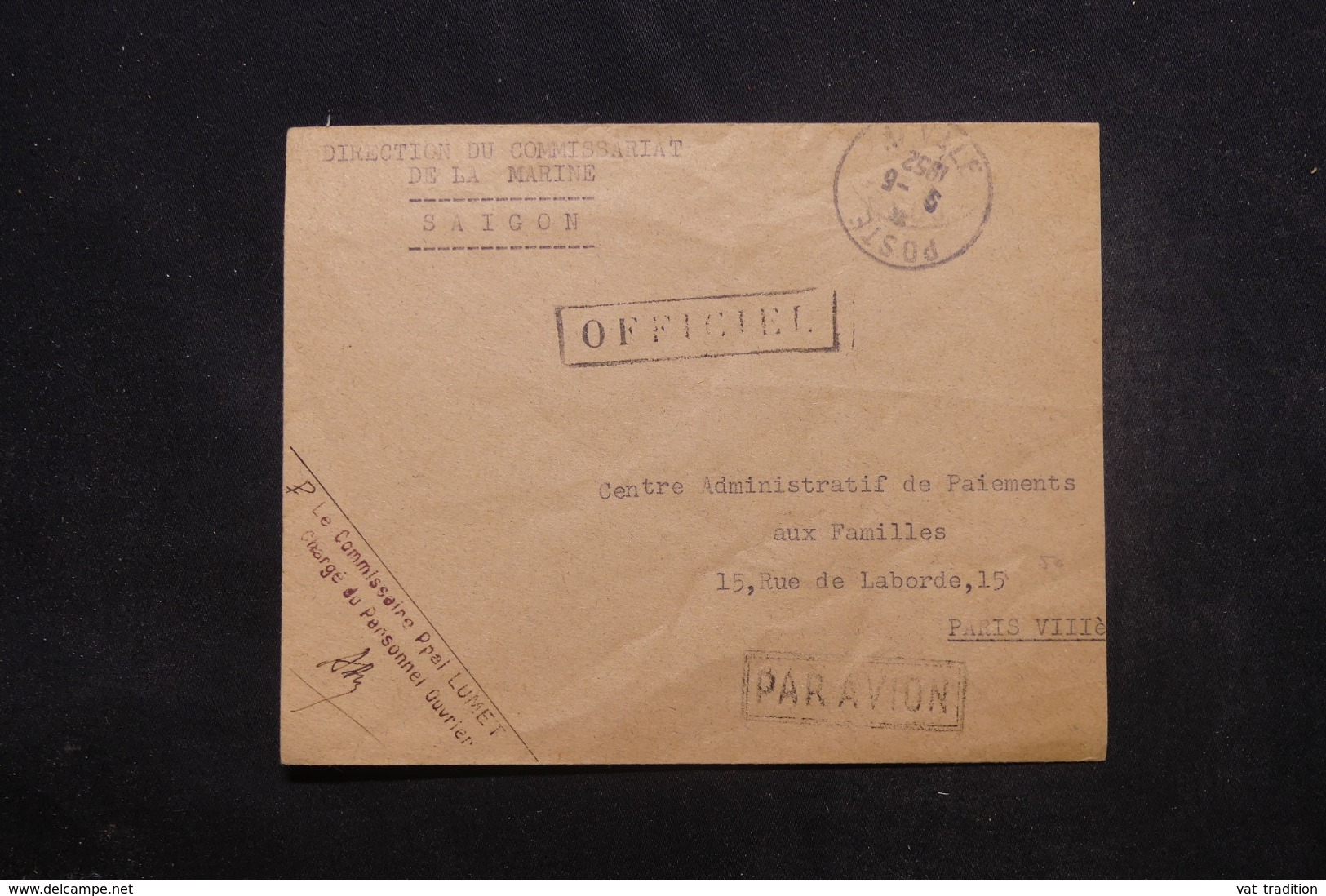 FRANCE / INDOCHINE - Enveloppe Du Commissariat De La Marine De Saïgon Pour Paris En 1952 Par Avion En Franchise - 45480 - Guerra De Indochina/Vietnam