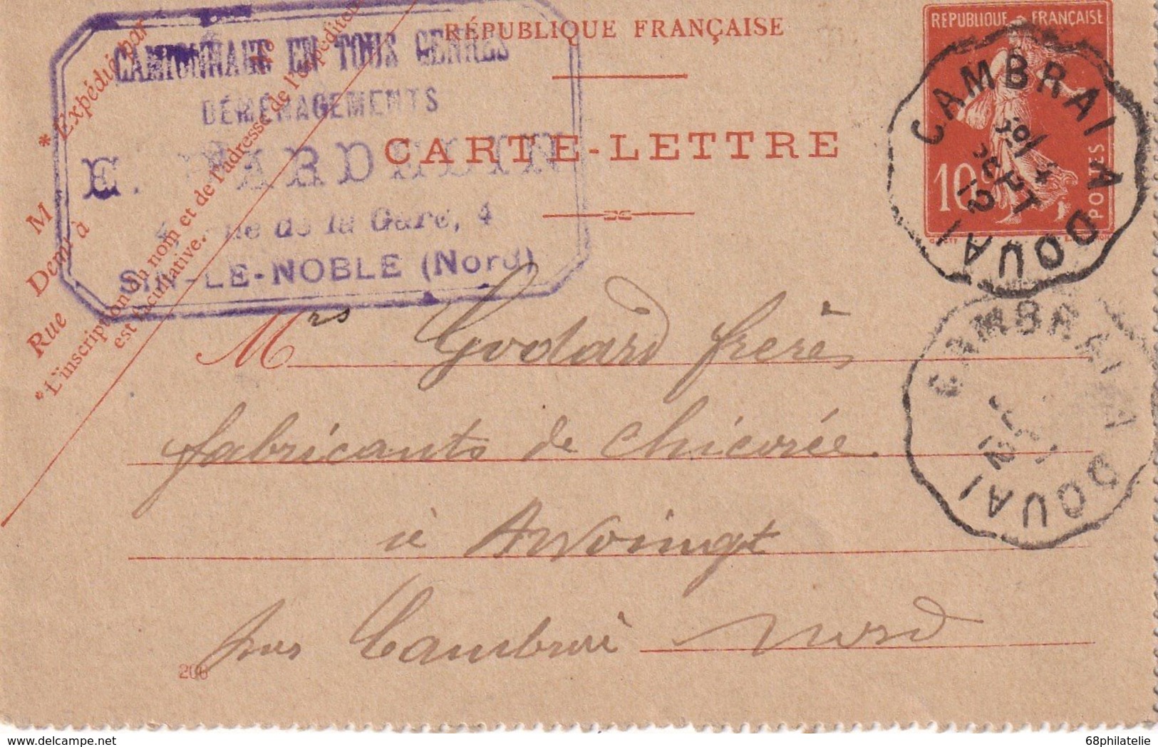 FRANCE 1912    ENTIER POSTAL/GANZSACHE/POSTAL STATIONERY  CARTE-LETTRE   CACHET FERROVIAIRE CAMBRAI A DOUAI - Kaartbrieven