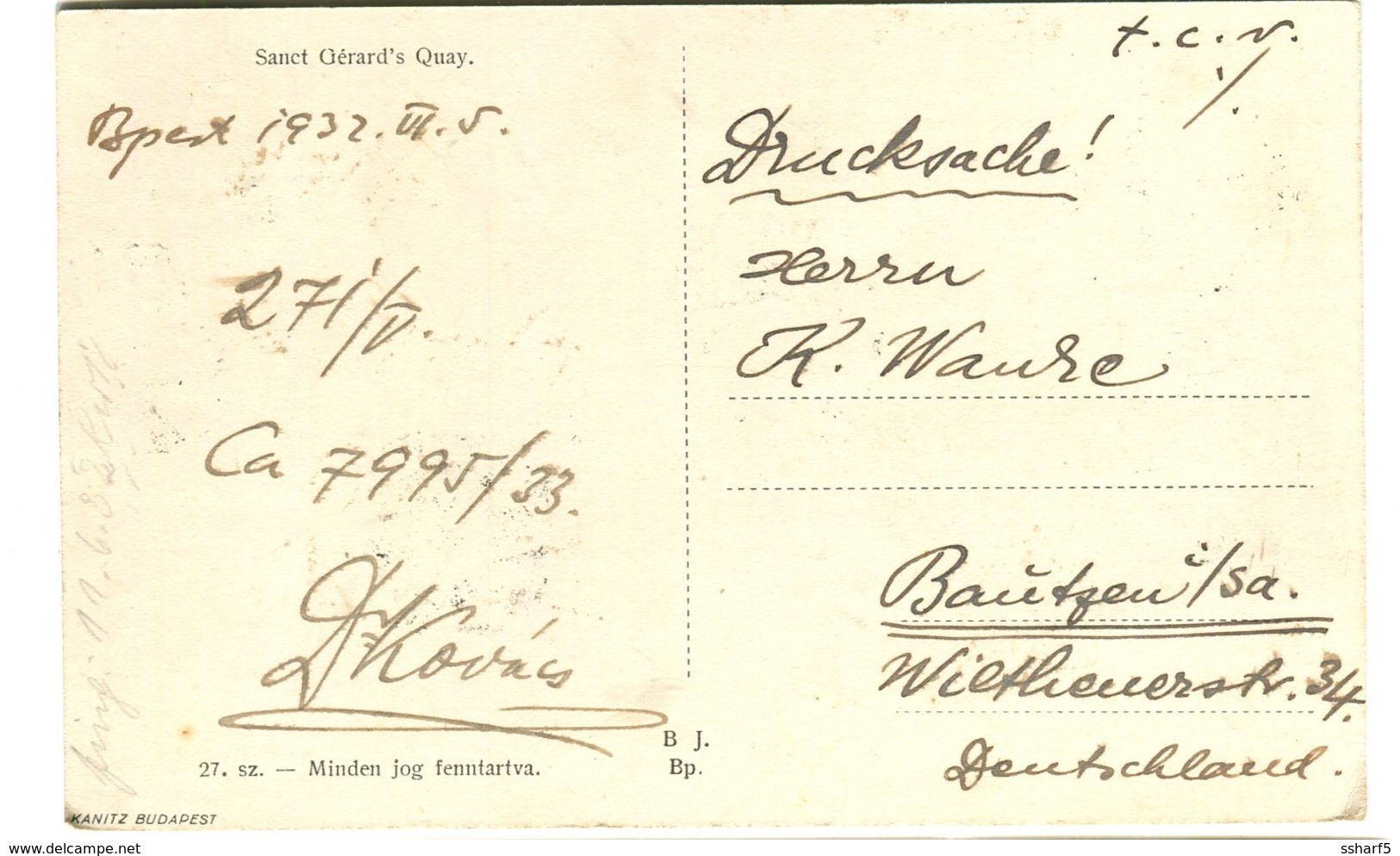 1932 Postcard Sent Gellért-rakpart With 6 Surcharged Stamp Solo Sent To Germany - Lettres & Documents