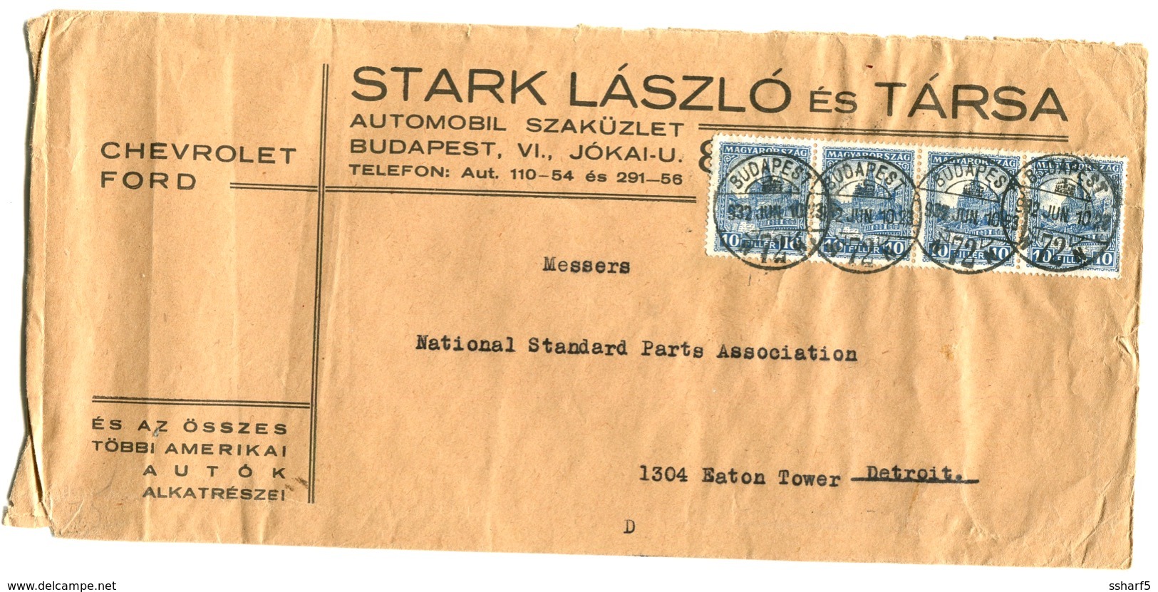1932 Business Cover AUTOMOBIL SZAKÜZLET CHEVROLET FORD Sen T To The US - Lettres & Documents