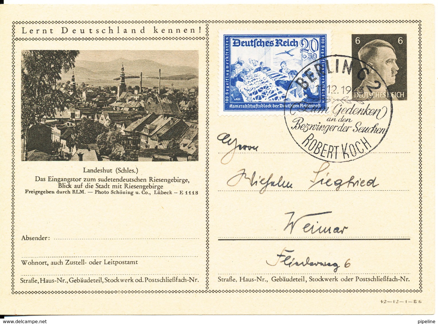 Germany Reich Uprated Postal Stationery Postkarte Berlin 11-12-1943 Zum Gedenken Robert Koch - Lettres & Documents