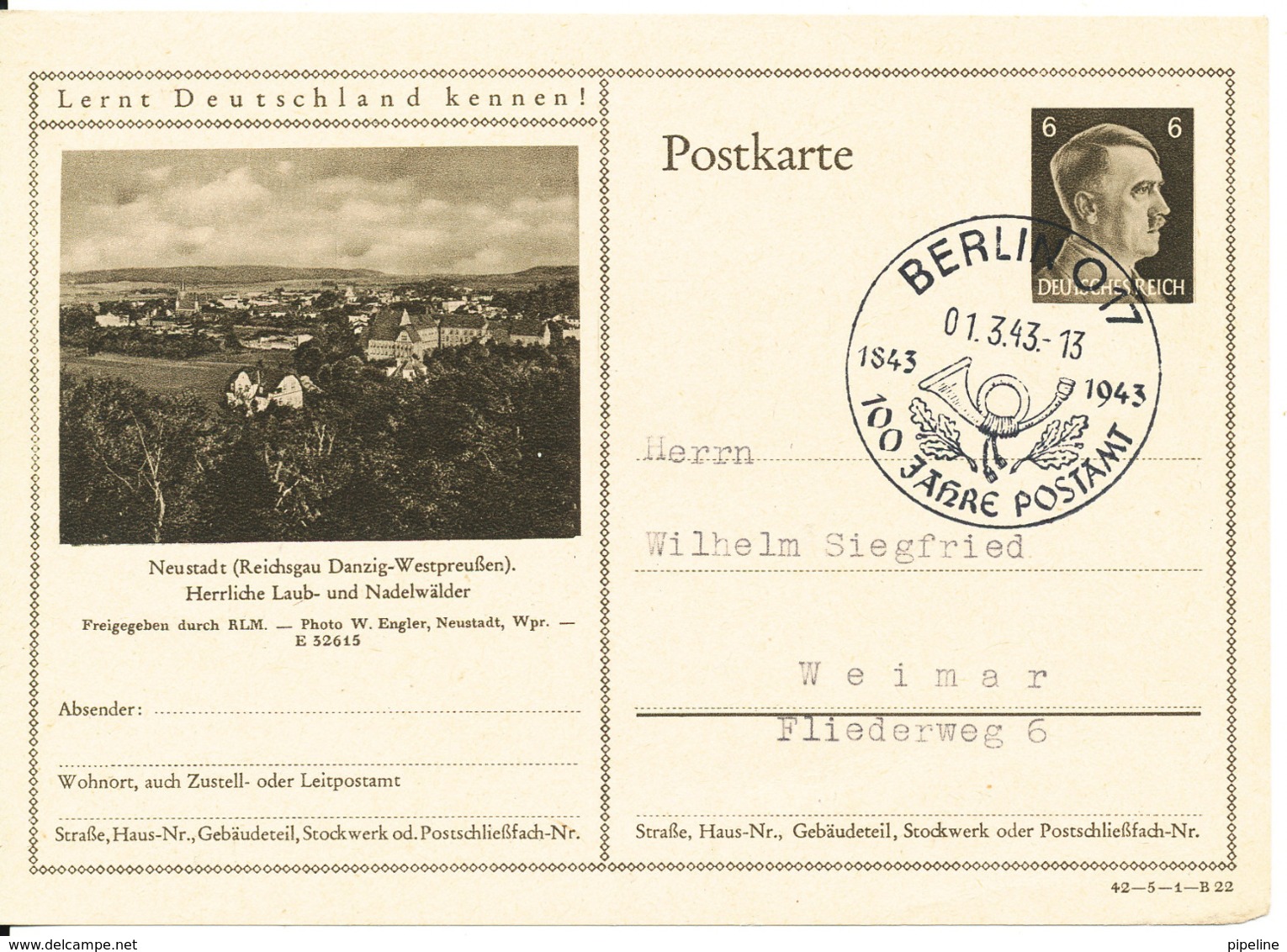 Germany Reich Postal Stationery Postkarte Berlin 1-3-1943 100 Jahre Postamt - Lettres & Documents