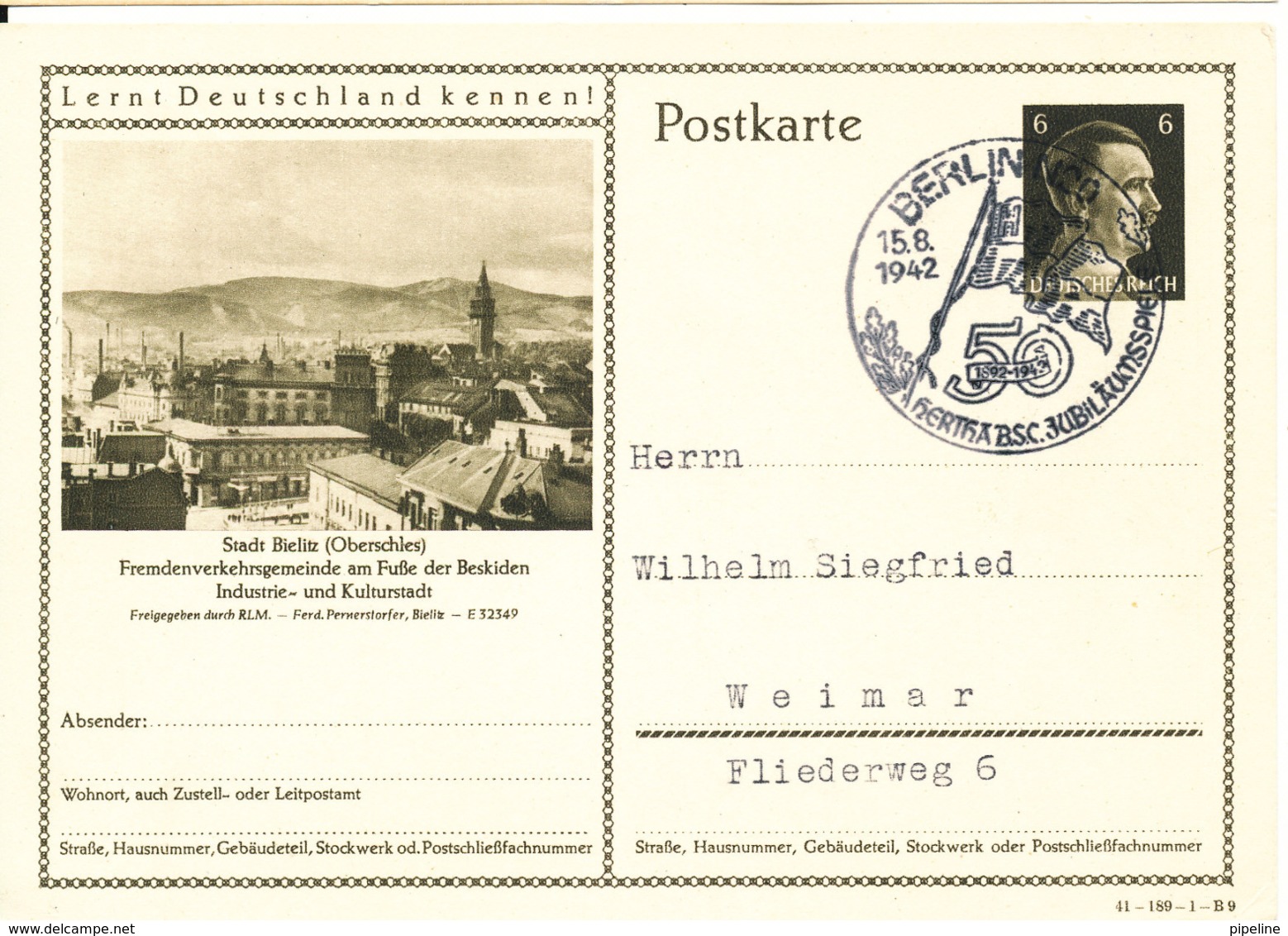 Germany Reich Postal Stationery Postkarte Berlin 15-8-1942 Hertha Berlin S.C. 50 Jahre Jubiläumsspiele - Lettres & Documents