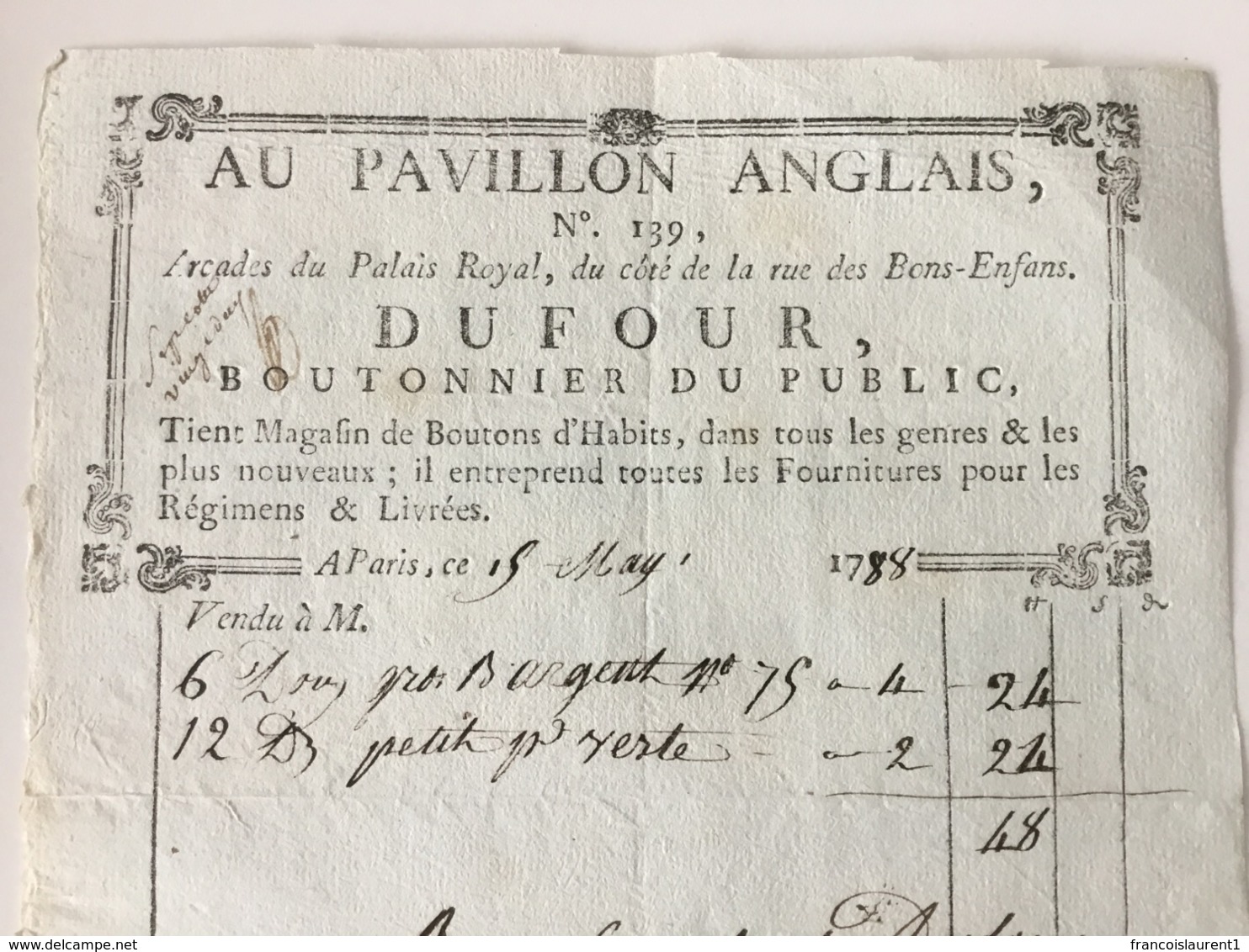 Facture Paris .1788.Au Pavillon Anglais. Palais Royal,Boutonnier. - ... - 1799