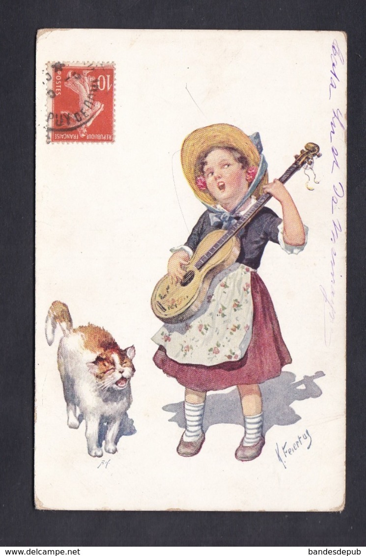 Illustrateur Karl Feiertag Enfant Fillette Guitare Chat Viennoise B.K.W.I. Wien - Feiertag, Karl