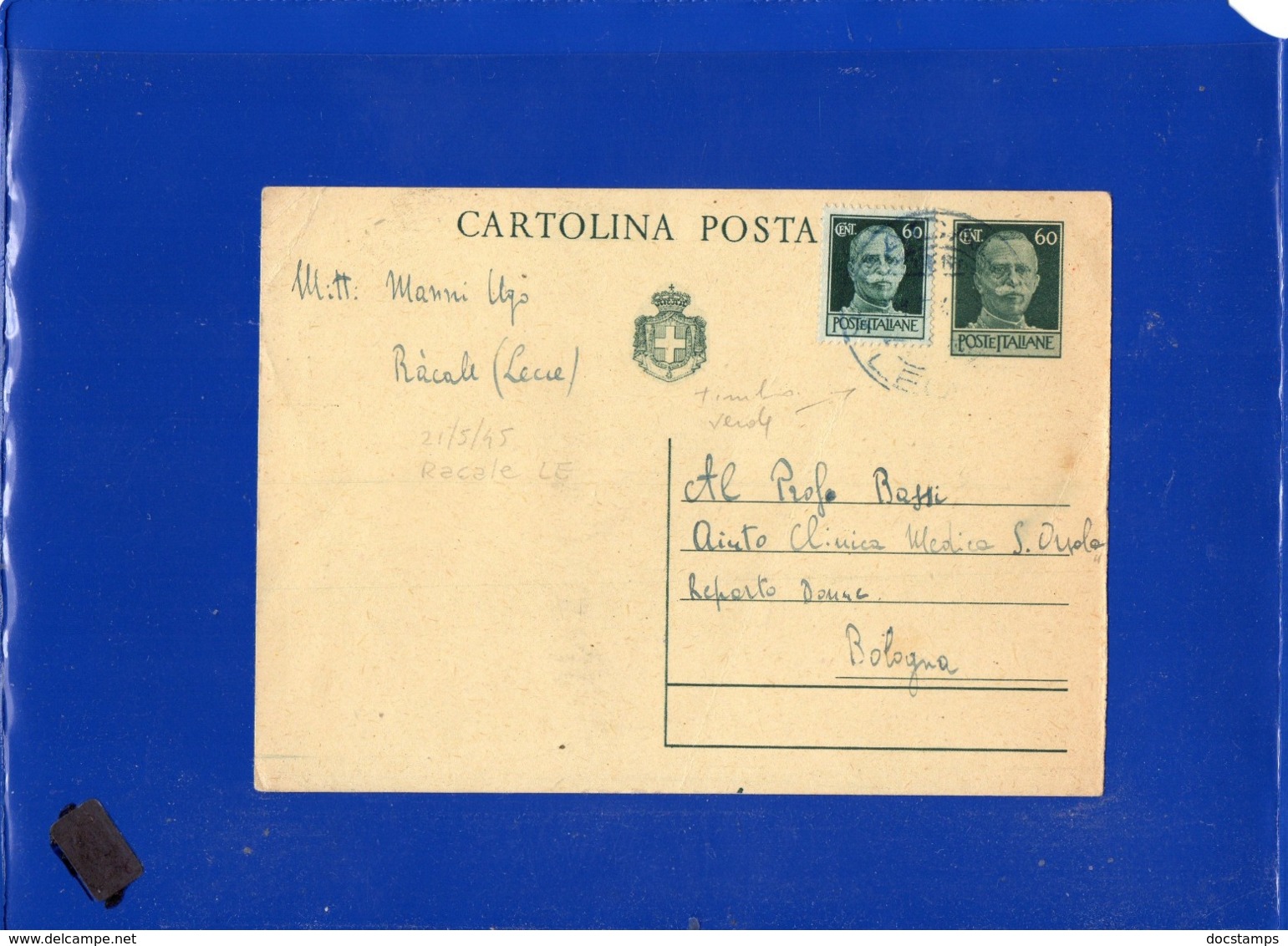 ##(DAN1910)-21-5-1945-Cartolina Postale Cent 60 Con Valore Gemello Cent.60 In Tariffa L.1,20 Da Racale-Lecce Per Bologna - Storia Postale