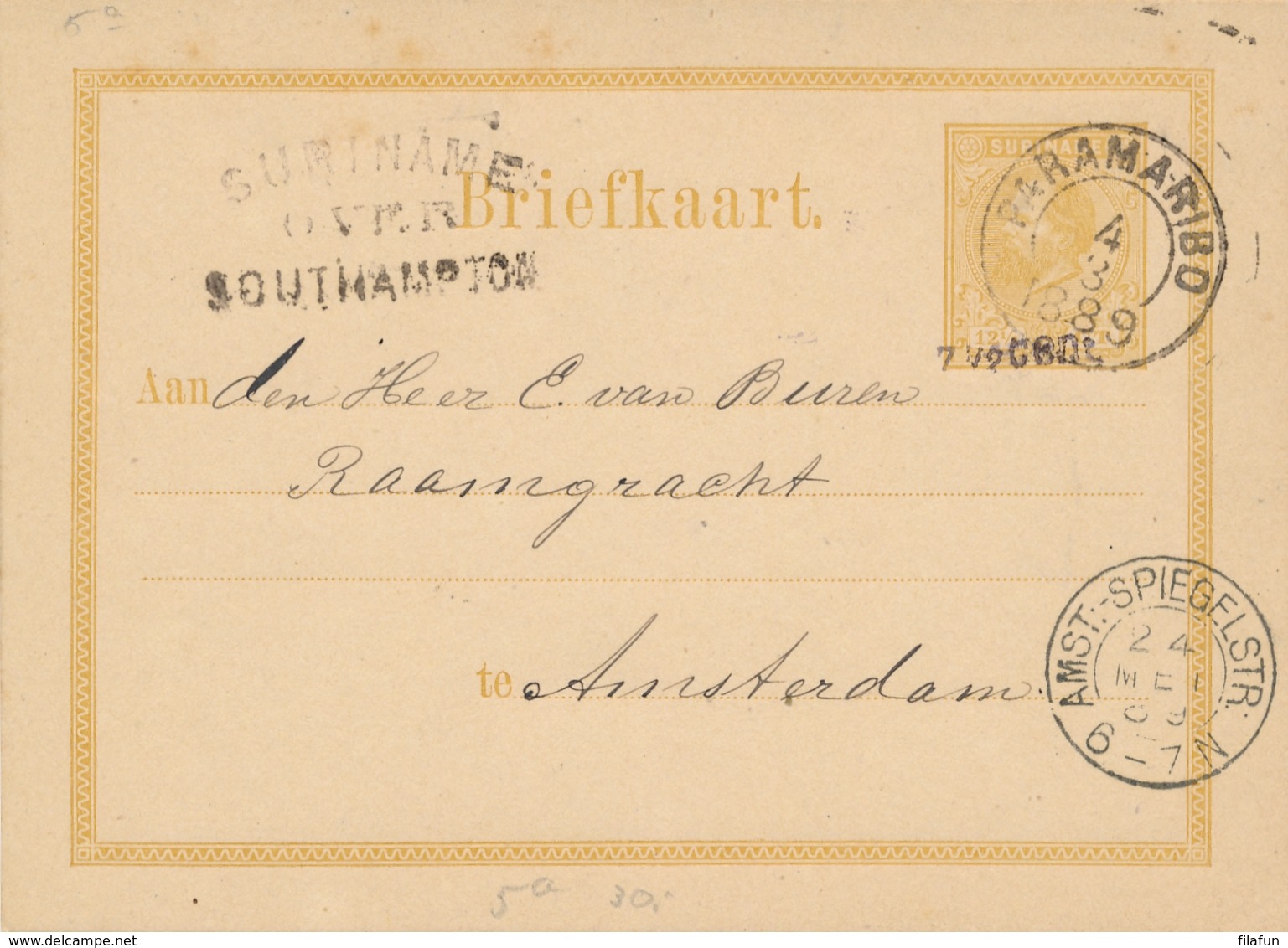 Suriname - 1889 - 7,5 Cent Opdruk Op Willem III, Briefkaart G5a Van Paramaribo - Over Southampton Naar Amst:-Spiegelstr - Suriname ... - 1975