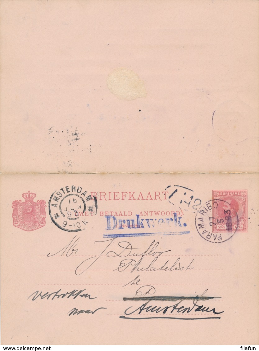 Suriname - 1893 - 2,5+2,5 Cent Willem III, Briefkaart G8 Lokaal Drukwerk Paramaribo, Door Naar Amsterdam - Surinam ... - 1975