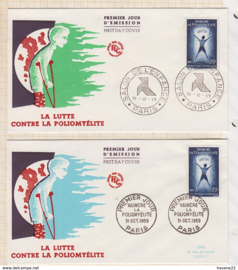 9/510 Premier Jour FDC 1959 LA LUTTE CONTRE LA POLIOMYELITE  Lot De 2 - 1950-1959
