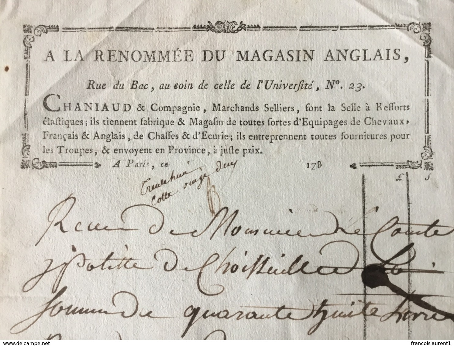 Facture Paris 1788. A LA RENOMMÉE DU MAGASIN ANGLAIS.rue Du Bac.Sellier. - ... - 1799