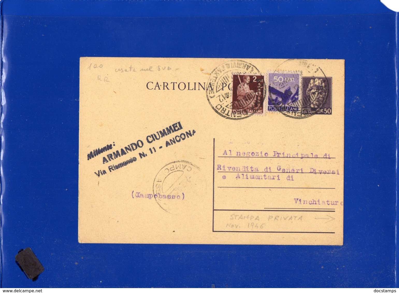 ##(DAN1910)-30-1-1946-Cartolina Postale Cent 50 In Tariffa L.3 Da Ancona Per  Vinchiaturo, Stampa Privata Retro-zucchero - Poststempel