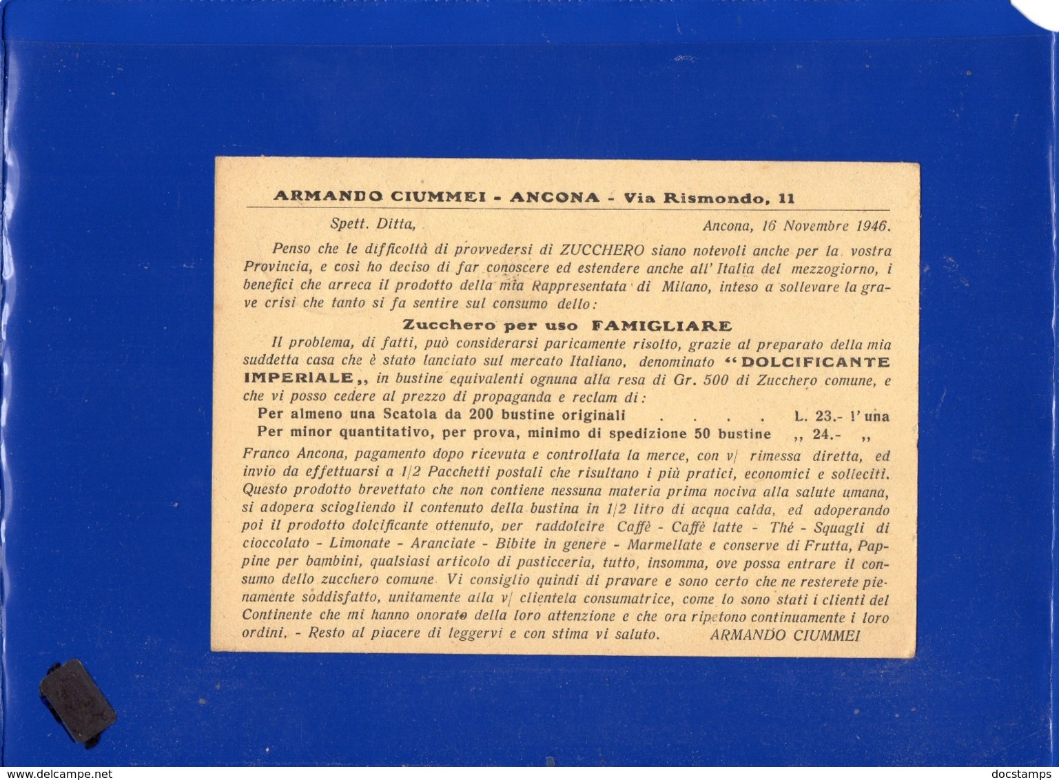 ##(DAN1910)-30-1-1946-Cartolina Postale Cent 50 In Tariffa L.3 Da Ancona Per  Vinchiaturo, Stampa Privata Retro-zucchero - Storia Postale