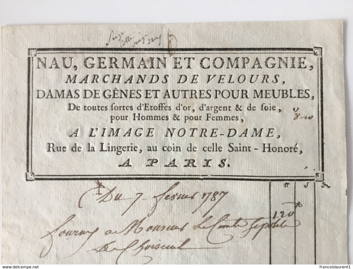 Facture Paris 1787. A L’Image Notre-Dame. Saint-honoré. Tissus Pour Meubles. - ... - 1799