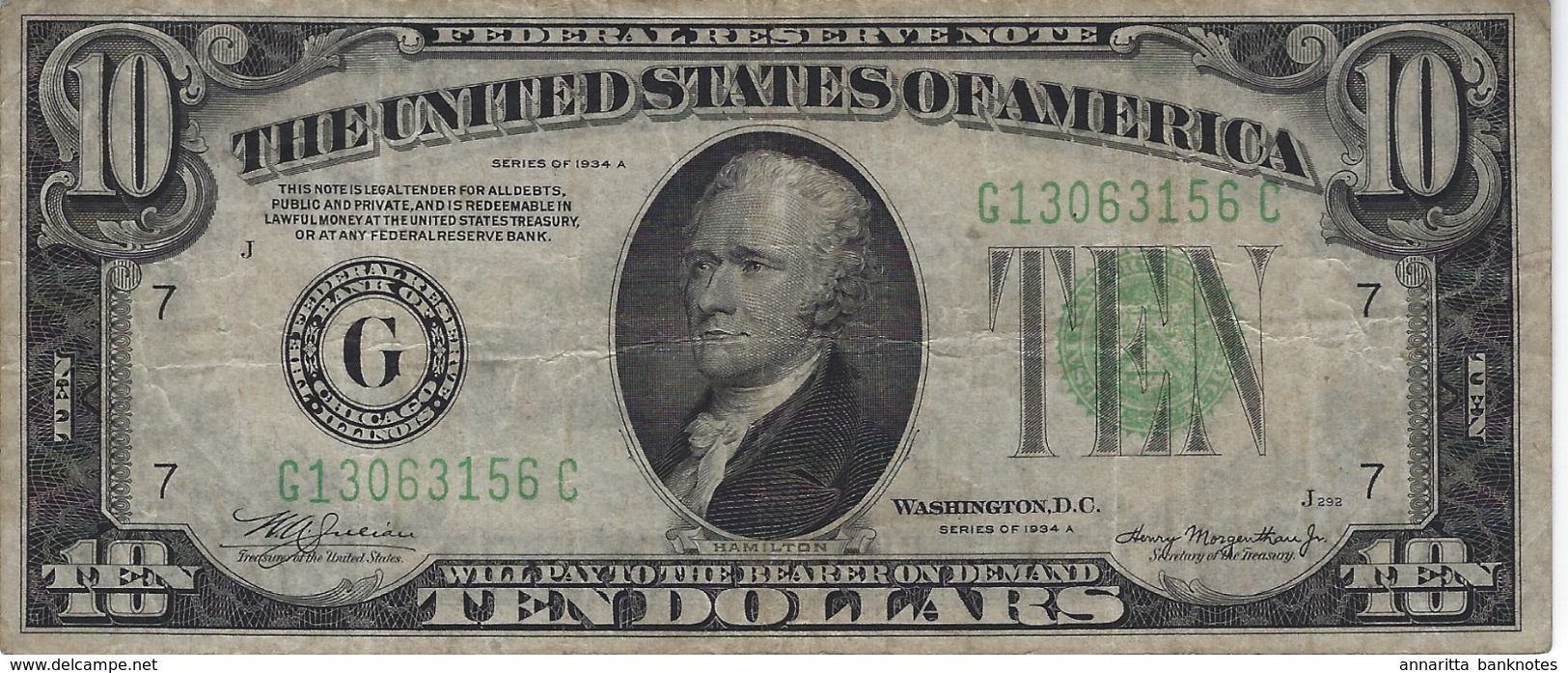 UNITED STATES 10 DOLLARS 1934 P-430Da USED S/N G13063156C [US430Da] - Bilglietti Della Riserva Federale (1928-...)